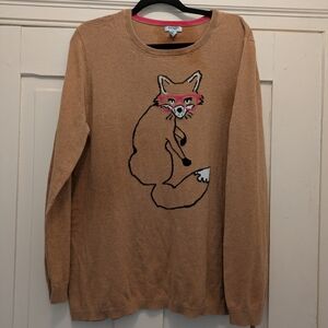 Old Navy Tan Crew Neck Oversized Sweater w/ Fox in Pink Glasses- XXL